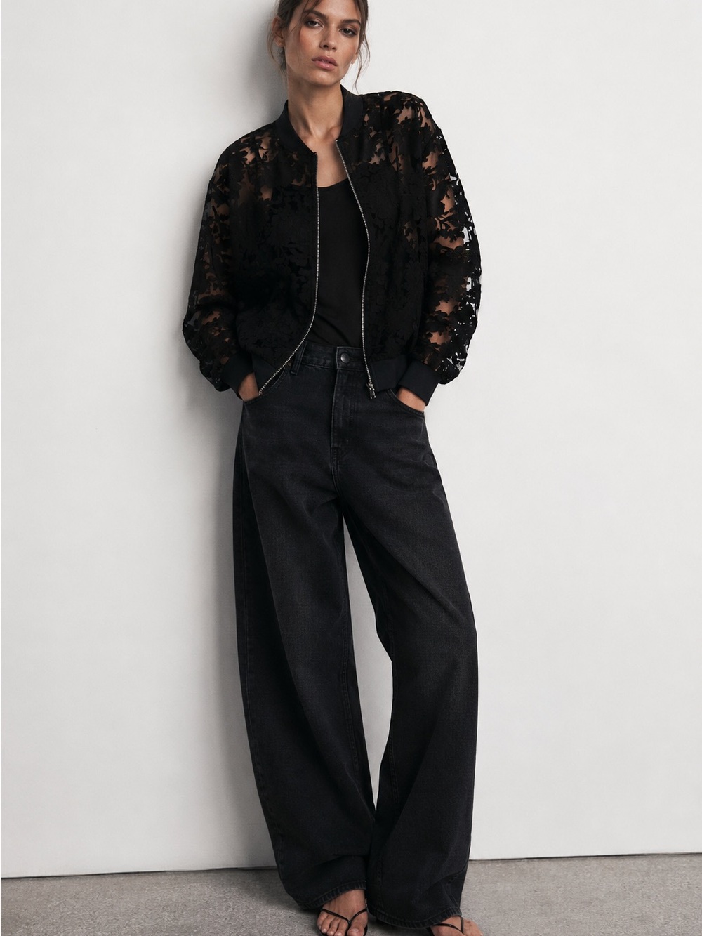 ZARA Black Sheer Lace Bomber Jacket - Feminine Edge Sz L
